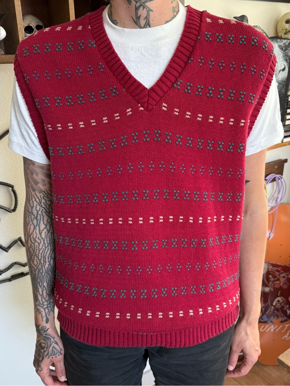 Vintage 80s 90s Red V Neck Sweater Vest with Patterned Stripe Design ~ Size M